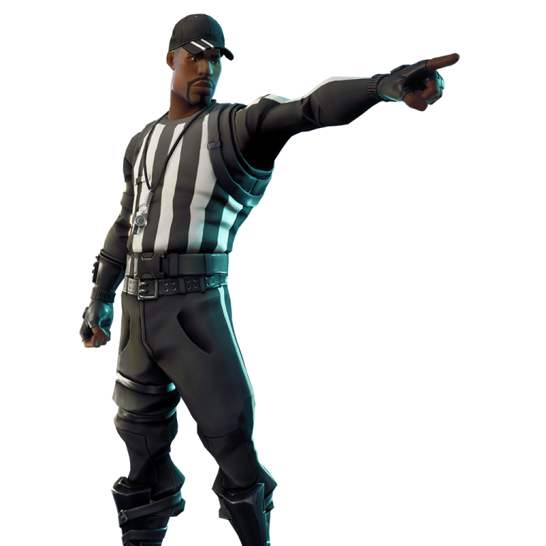 a man in a black and white uniform pointing at something
