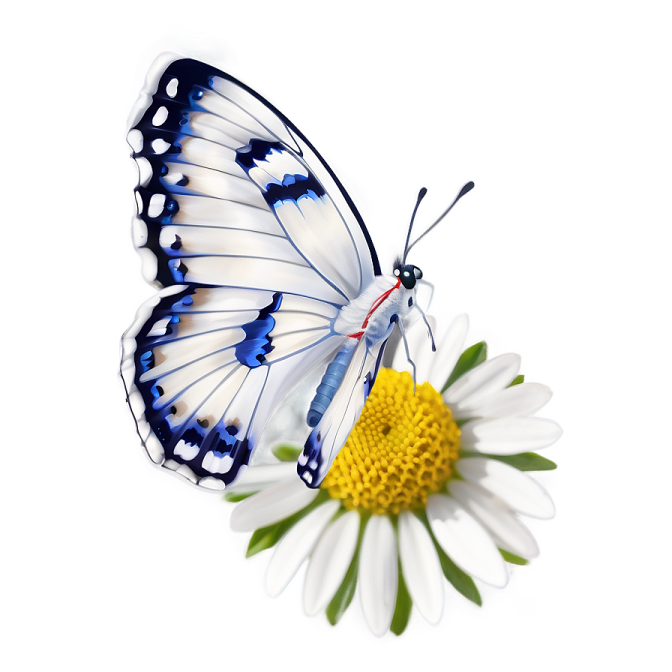 a blue and white butterfly sitting on top of a flower
