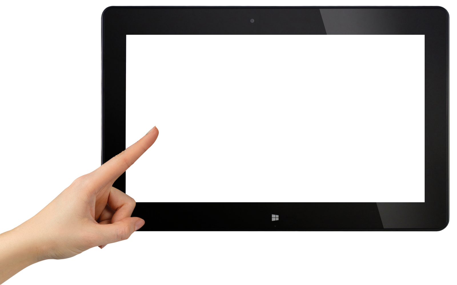 a hand holding an ipad with a white screen