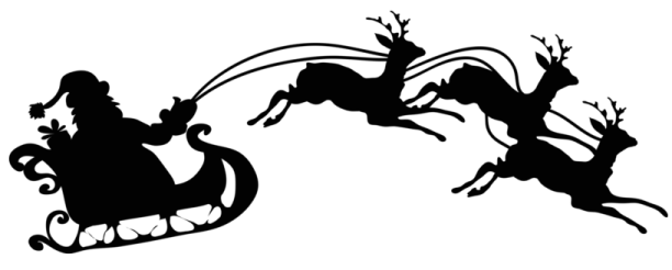 a black and white silhouette of santa claus riding a sled reindeer