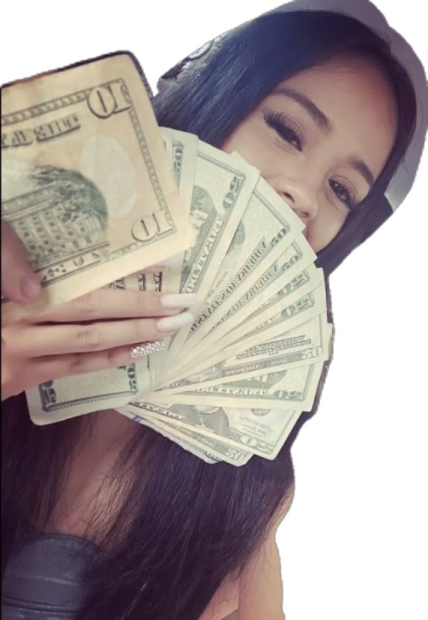a woman holding a bunch of money in her hand