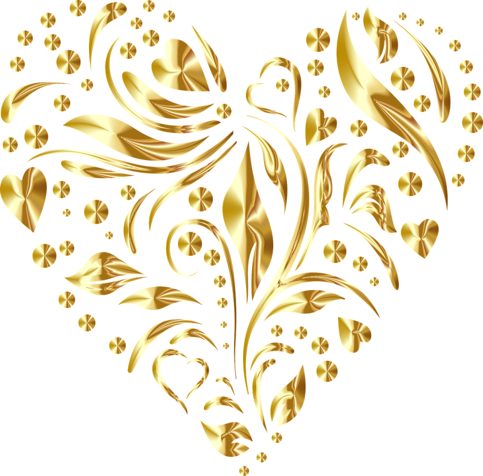 a gold heart with swirls and flowers