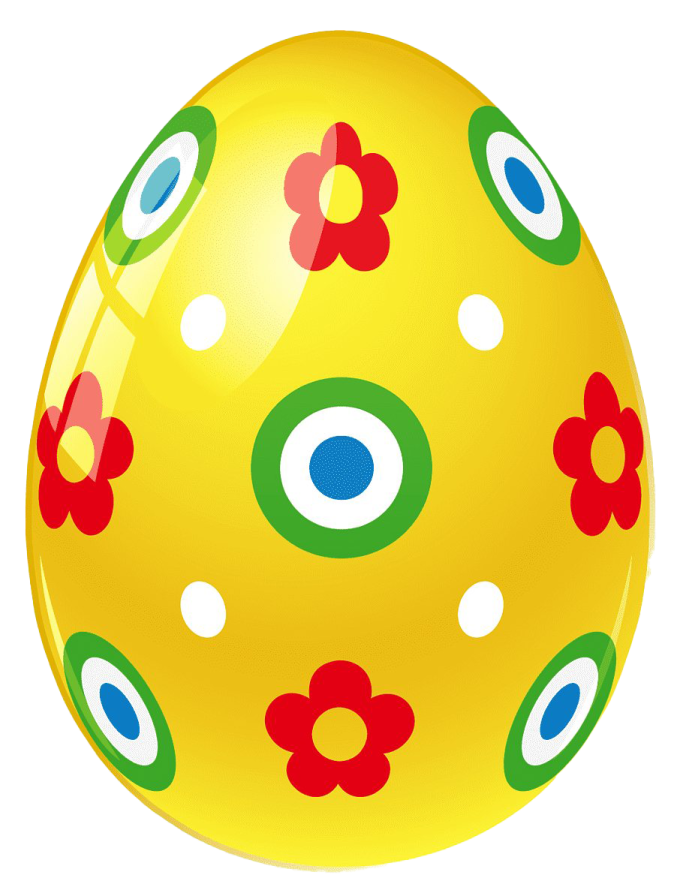 a yellow easter egg with red, green and blue flowers