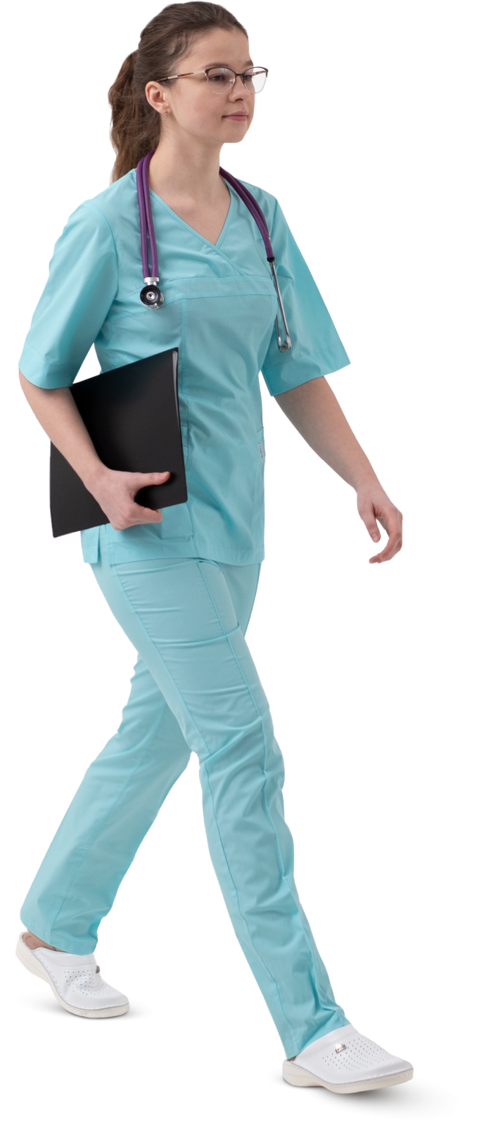 a woman wearing scrubs and holding a black folder
