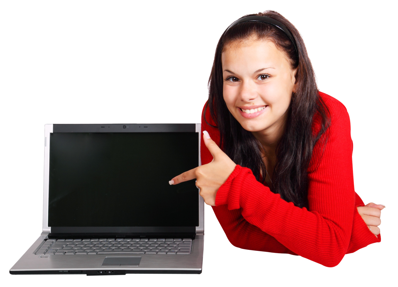 a woman in a red sweater points at a laptop