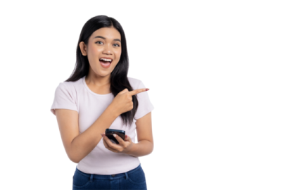 a woman holding a cell phone and smiling