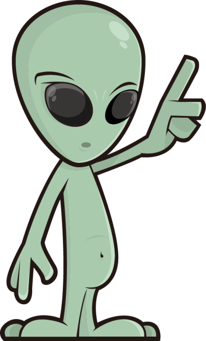 a cartoon alien pointing at something