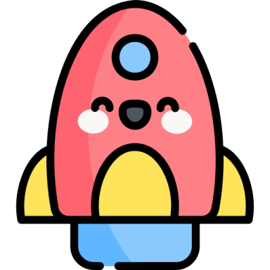 a red and yellow rocket with eyes closed
