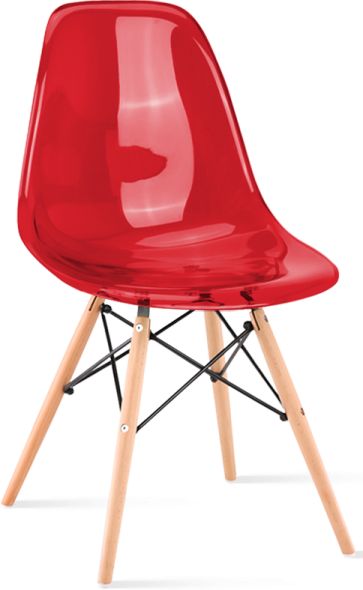 a red plastic chair with wooden legs