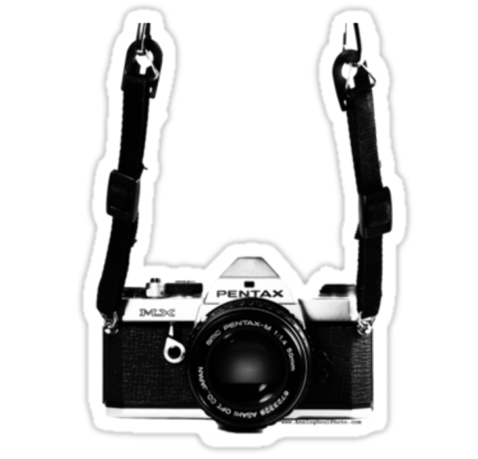 a black and white camera sticker on a white background