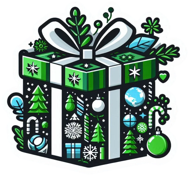 a green gift box with christmas decorations around it
