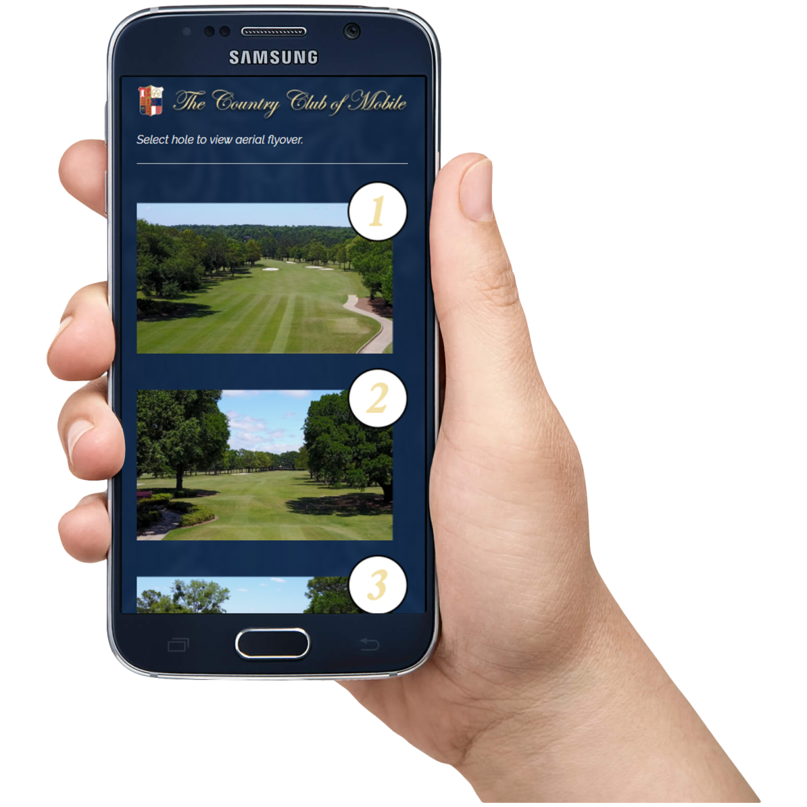 a hand holding a cell phone with golf images on the screen