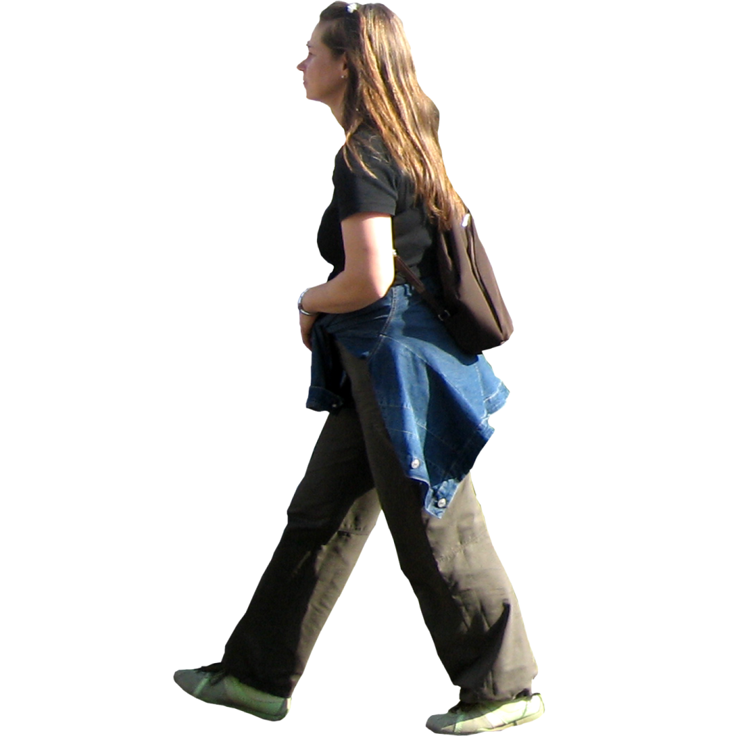 a woman walking with a blue bag on her back