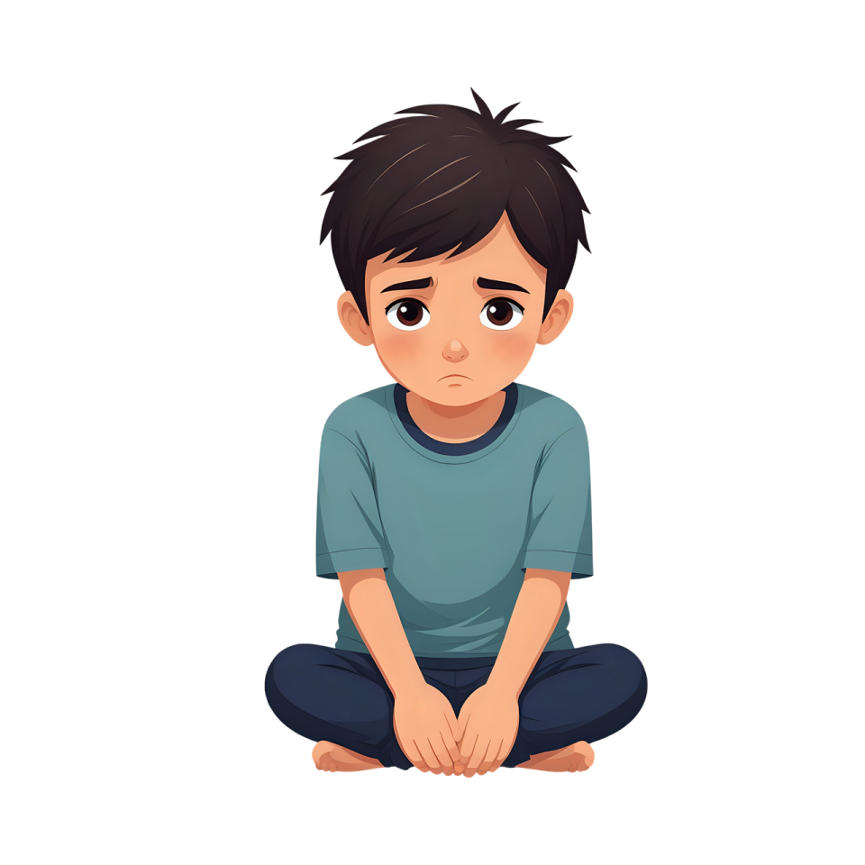 a little boy sitting on the floor and looking sad