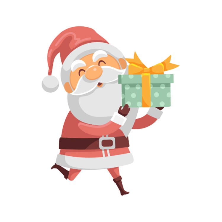 a cartoon santa holding a gift box