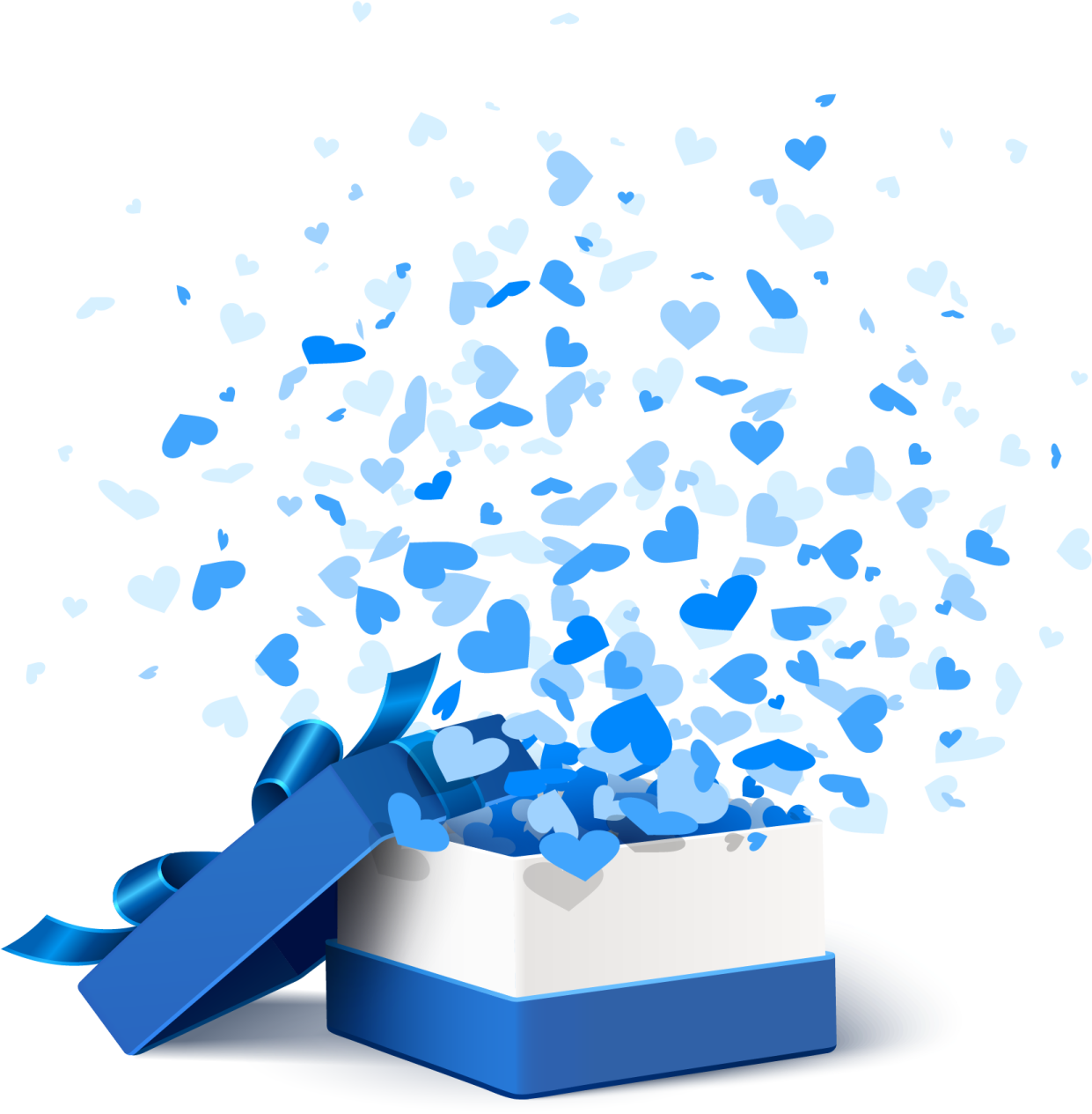 a white box with blue hearts flying out of it
