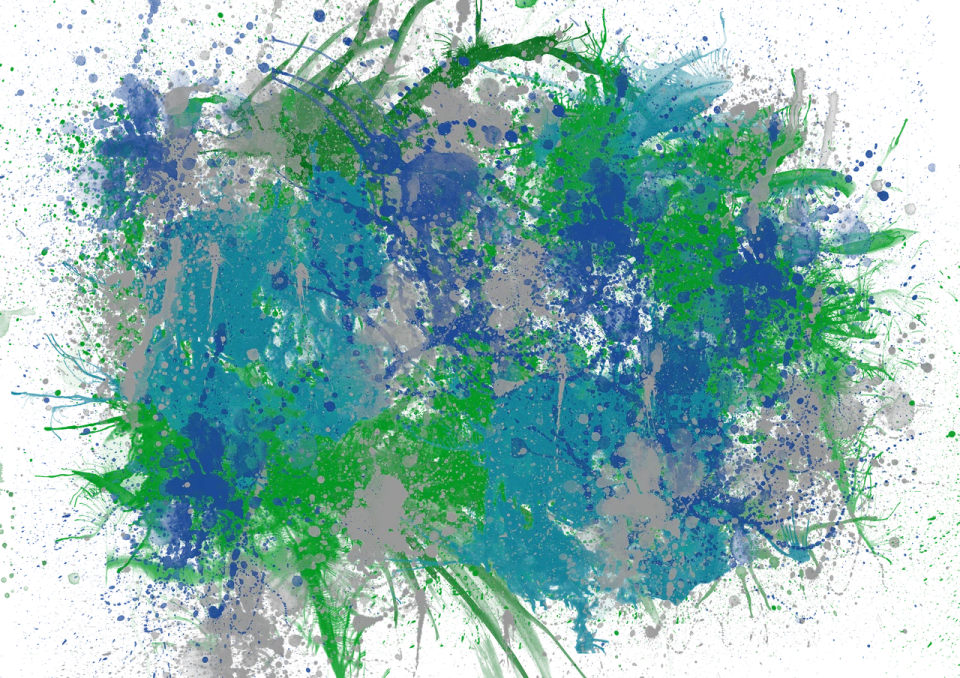 a blue and green paint spied on a white background