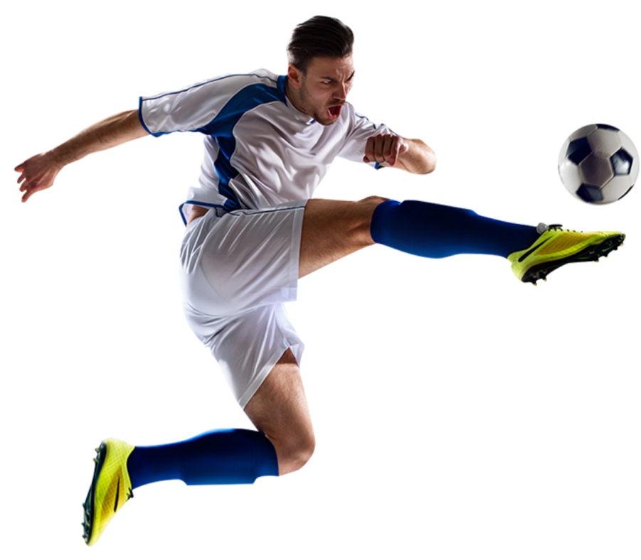 a man kicking a soccer ball in the air