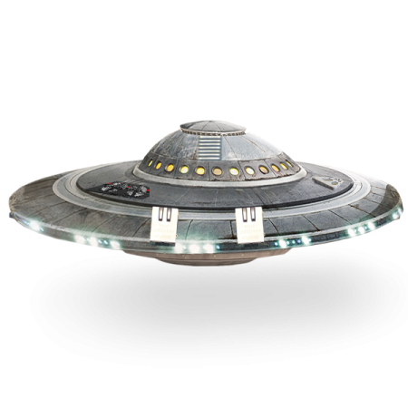 a model of a spaceship with lights on
