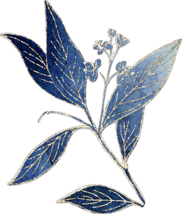 a blue and gold leaf on a white background