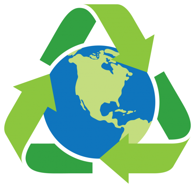 a green recycling symbol with the earth inside