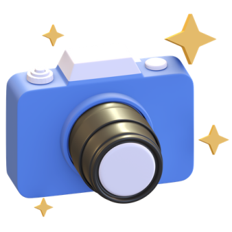 a blue camera with gold stars around it