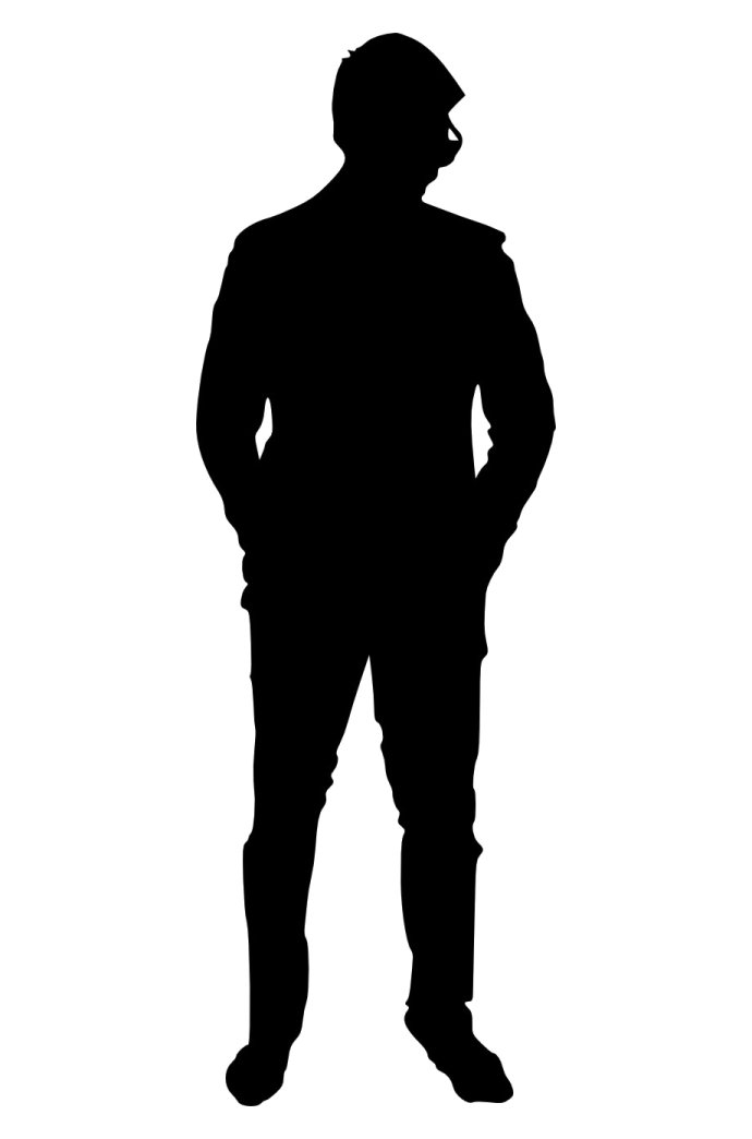 a silhouette of a man in a suit and hat