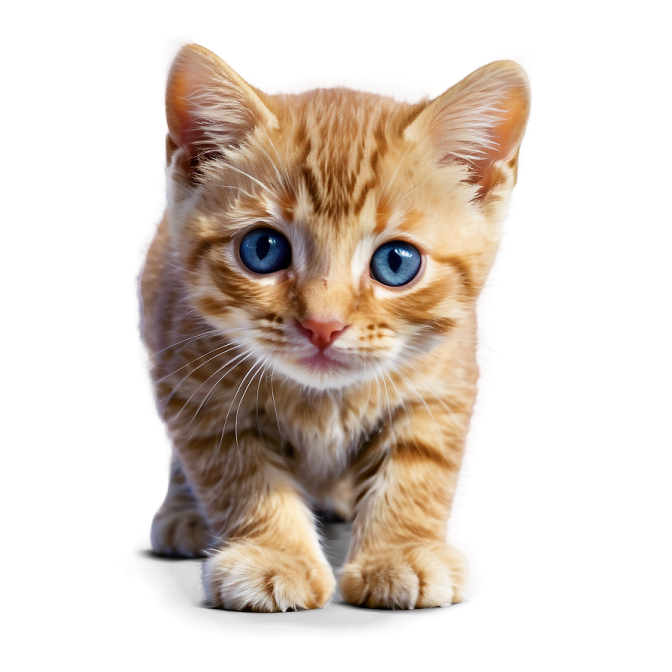 a small kitten with blue eyes on a white background