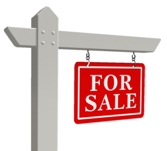 a red for sale sign hanging on a white pole
