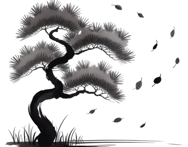 a black and white image of a tree with leaves