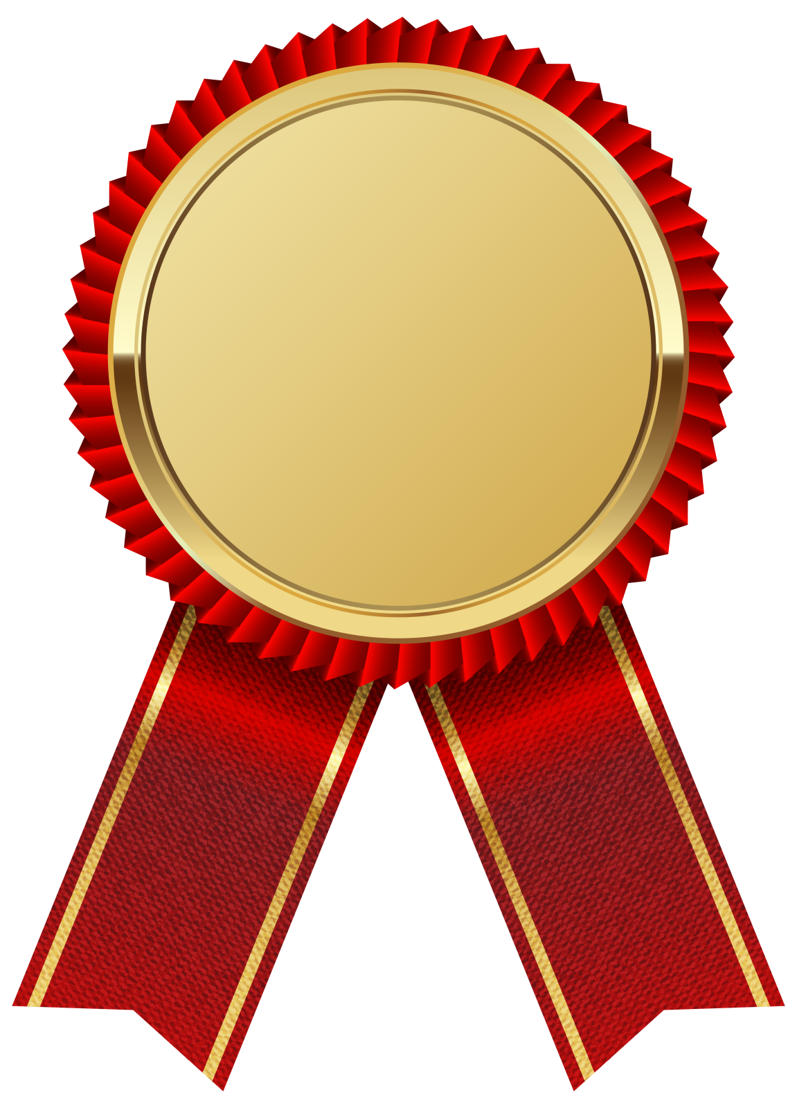 a gold medal with red ribbons