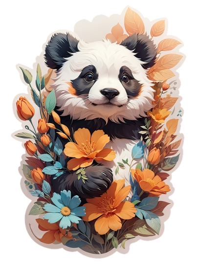a panda is surrounded by flowers and leaves