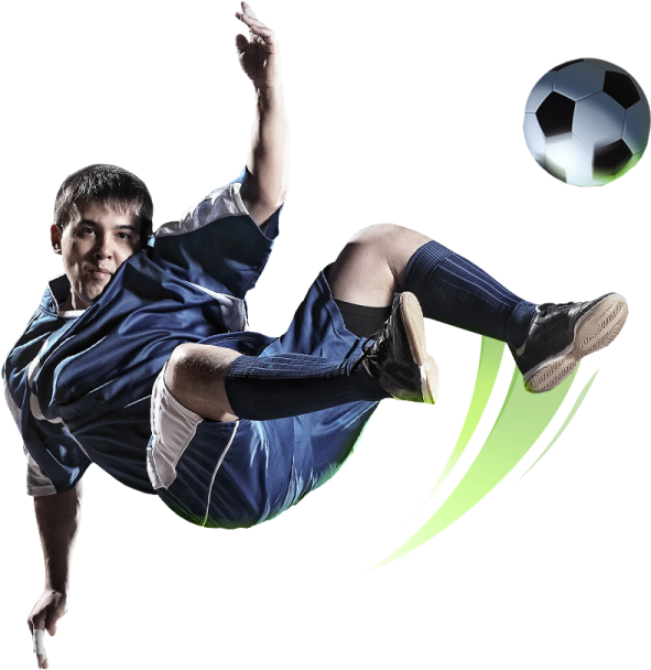 a man kicking a soccer ball in the air