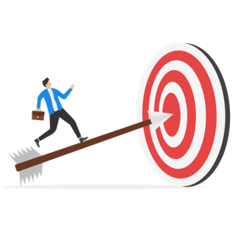 a man in a business suit is walking on a wooden arrow that has been hit by an arrow