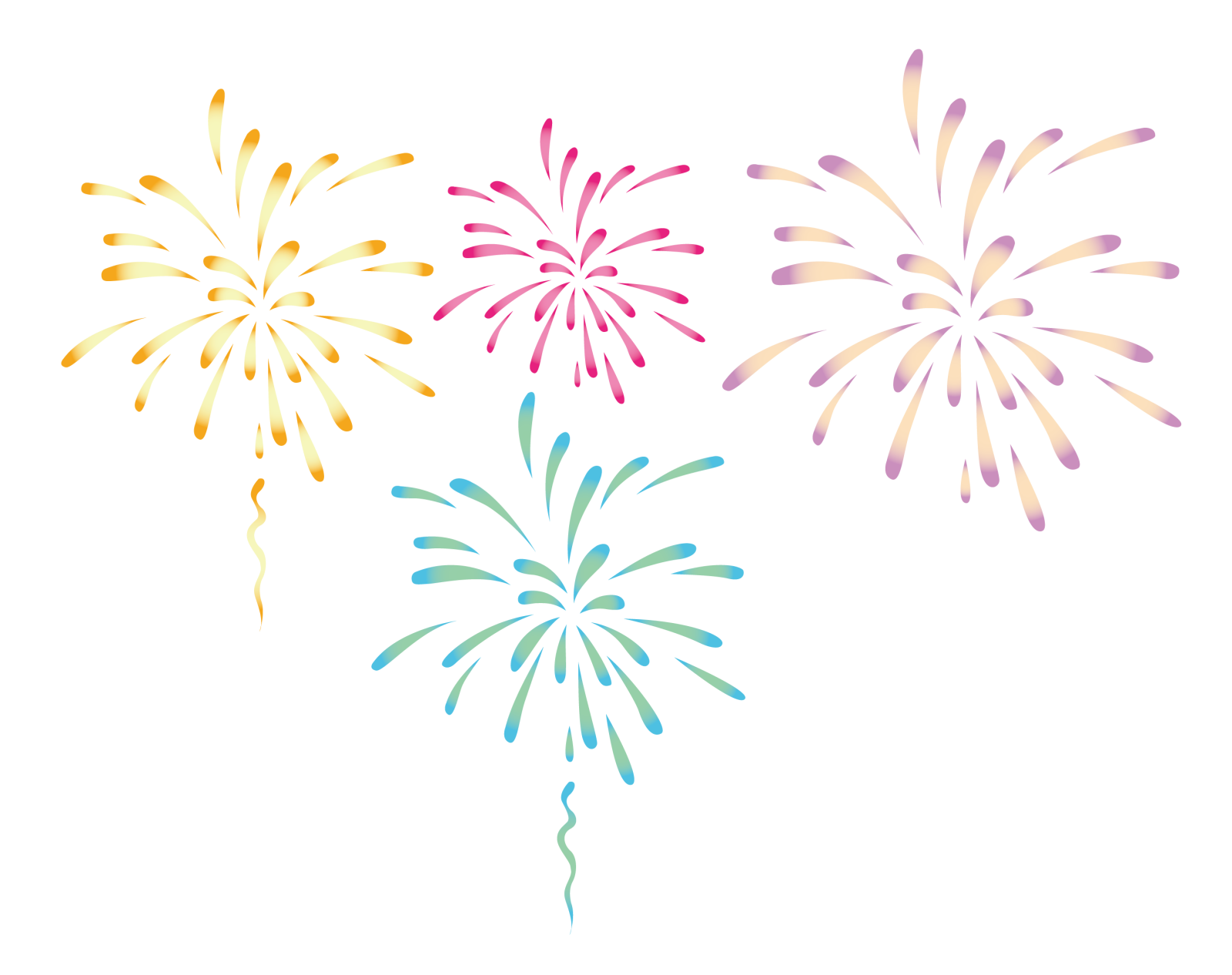 three colorful fireworks on a white background
