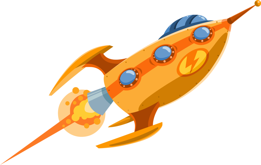 an orange rocket with blue eyes and a white background
