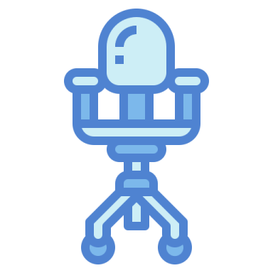 a blue and white icon of a person sitting on a chair