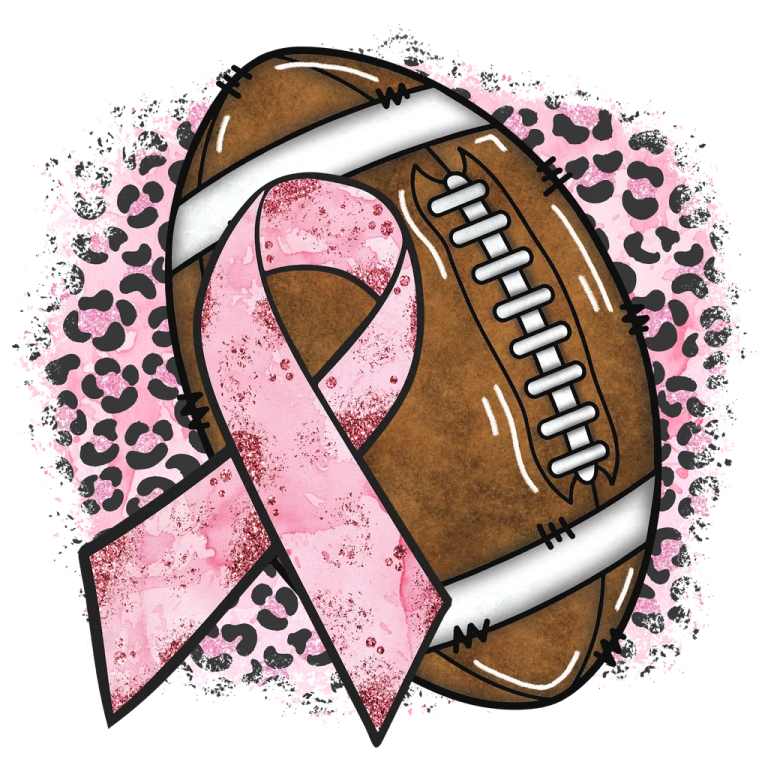 a pink ribbon with a football and leopard print
