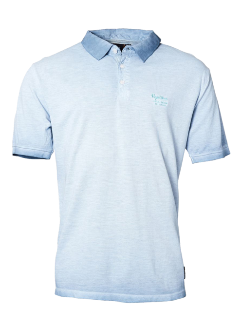 a light blue polo shirt with a logo on the chest