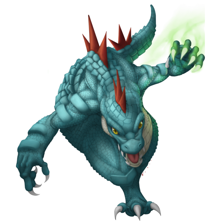 a blue dragon with red horns and green eyes