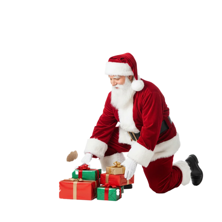 a man in a santa suit kneeling next to a pile of presents