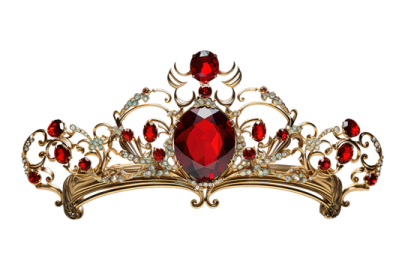 a gold tia with red stones and crystals