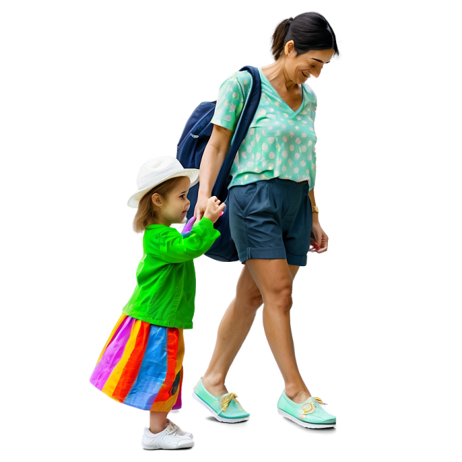 a woman walking with a small child