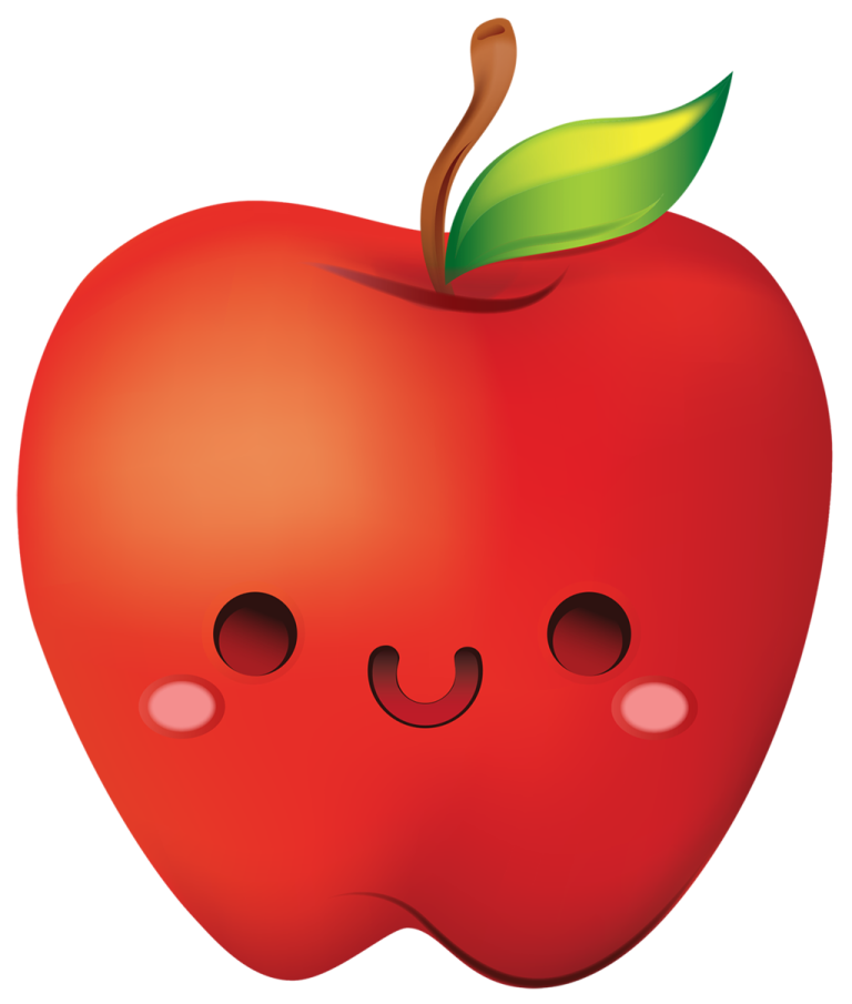 an apple with two eyes and a green leaf