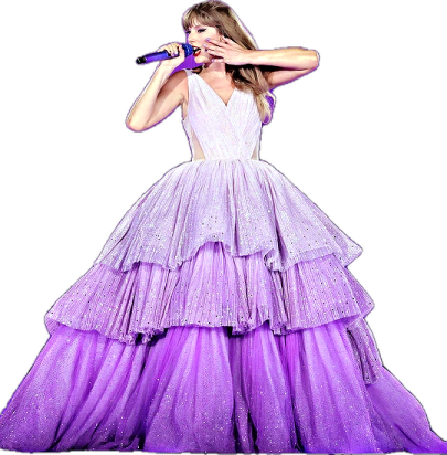 a woman in a purple gown singing into a microphone
