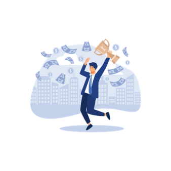 a man in a suit is running with money flying around him