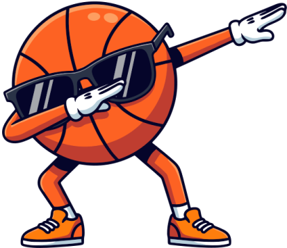 an orange basketball ball wearing sunglasses and pointing at the camera