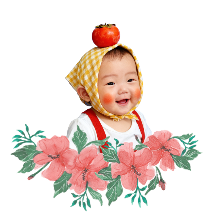 a baby with an apple on his head