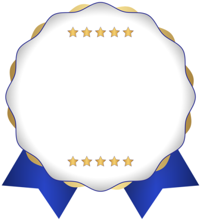 a blue and gold award ribbon with stars