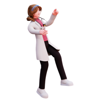 a female doctor in a white coat and black pants